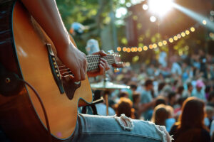 Close-up of musician playing acoustic guitar on stage during liv